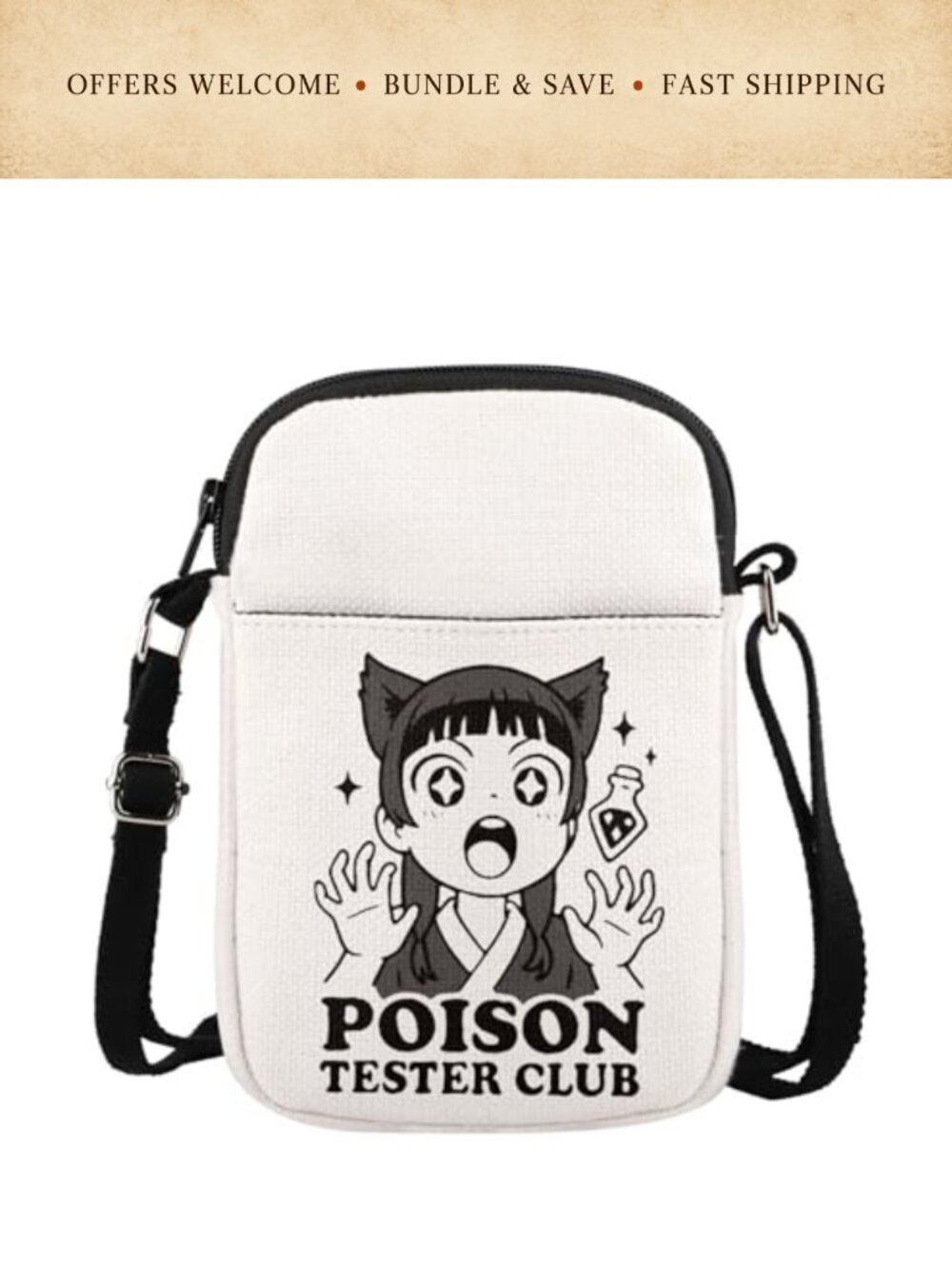 Canvas Crossbody Bag Anime Theme Zip Pockets Adjustable Strap Shoulder Purse